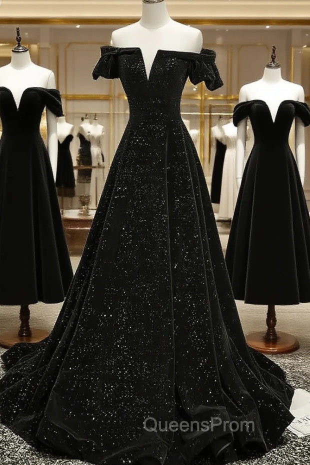 Black Off Shoulder Velvet Long Party Dress Evening Prom Dress, Black Simple Evening Dress Main image