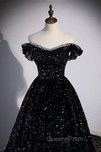 Black Off the Shoulder Beaded Long Evening Dress, Black Shiny Sequins Evening Dress