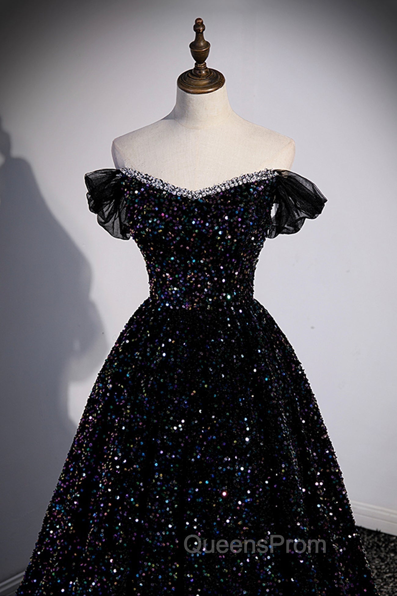 Black Off the Shoulder Beaded Long Evening Dress, Black Shiny Sequins Evening Dress