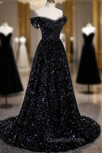 Black Off the Shoulder Beaded Long Evening Dress, Black Shiny Sequins Evening Dress