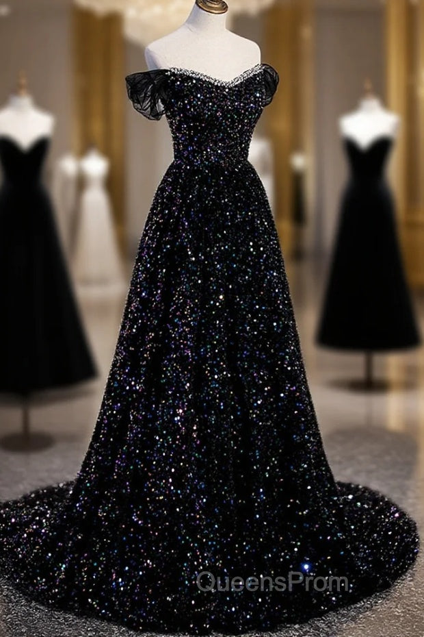 Black Off the Shoulder Beaded Long Evening Dress, Black Shiny Sequins Evening Dress