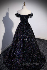 Black Off the Shoulder Beaded Long Evening Dress, Black Shiny Sequins Evening Dress