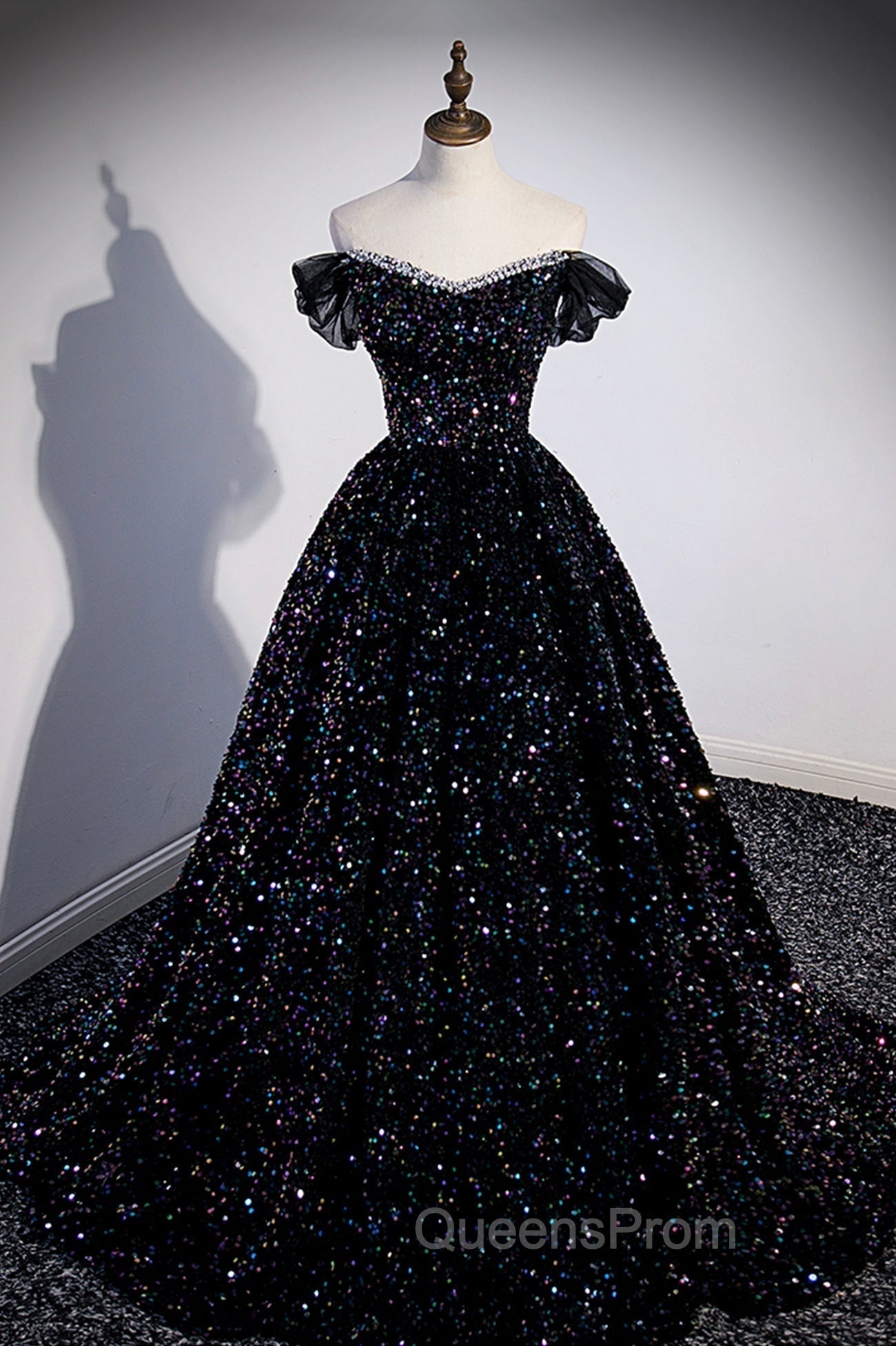 Black Off the Shoulder Beaded Long Evening Dress, Black Shiny Sequins Evening Dress Main image