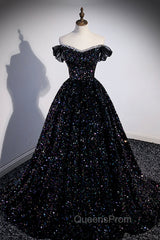 Black Off the Shoulder Beaded Long Evening Dress, Black Shiny Sequins Evening Dress