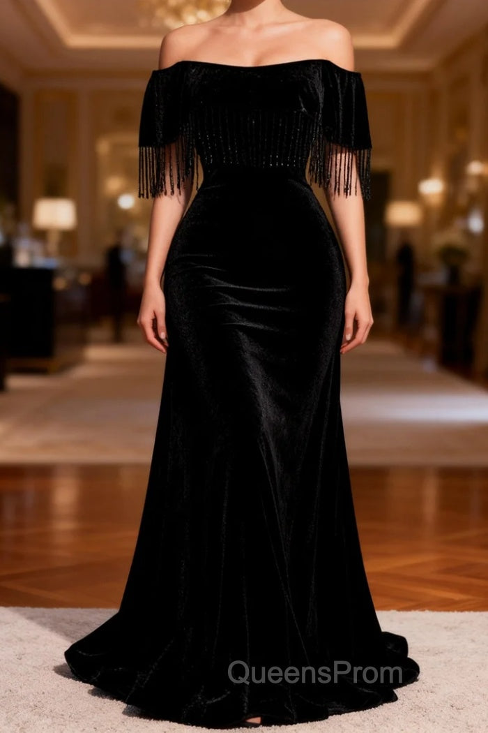 Black Off the Shoulder Beading Evening Prom Dress
