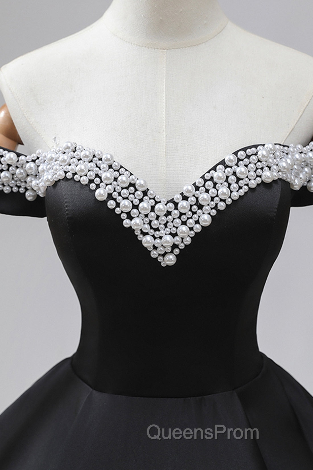 Black Off the Shoulder Pearls Long Sleeve Evening Prom Dress, A-Line Evening Party Dress with Slit Secondary image