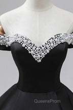 Black Off the Shoulder Pearls Long Sleeve Evening Prom Dress, A-Line Evening Party Dress with Slit