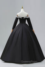 Black Off the Shoulder Pearls Long Sleeve Evening Prom Dress, A-Line Evening Party Dress with Slit