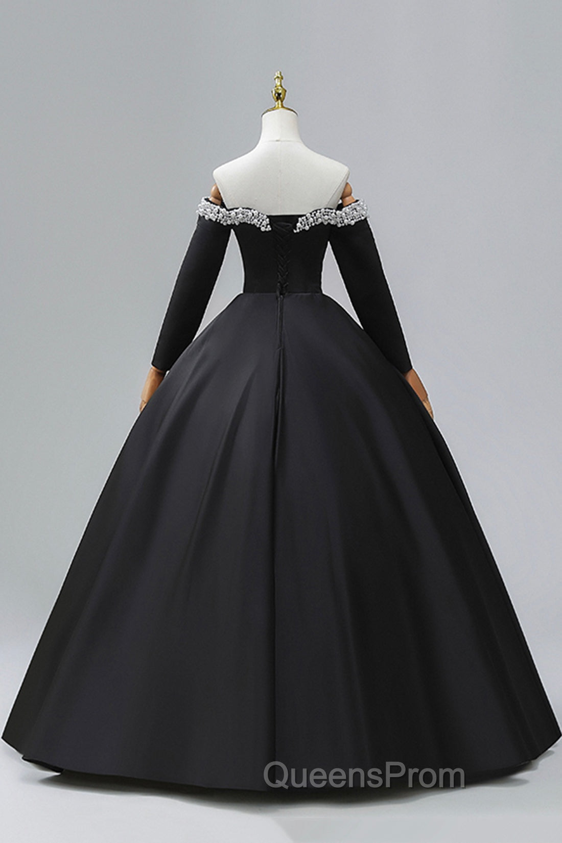 Black Off the Shoulder Pearls Long Sleeve Evening Prom Dress, A-Line Evening Party Dress with Slit
