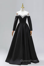 Black Off the Shoulder Pearls Long Sleeve Evening Prom Dress, A-Line Evening Party Dress with Slit