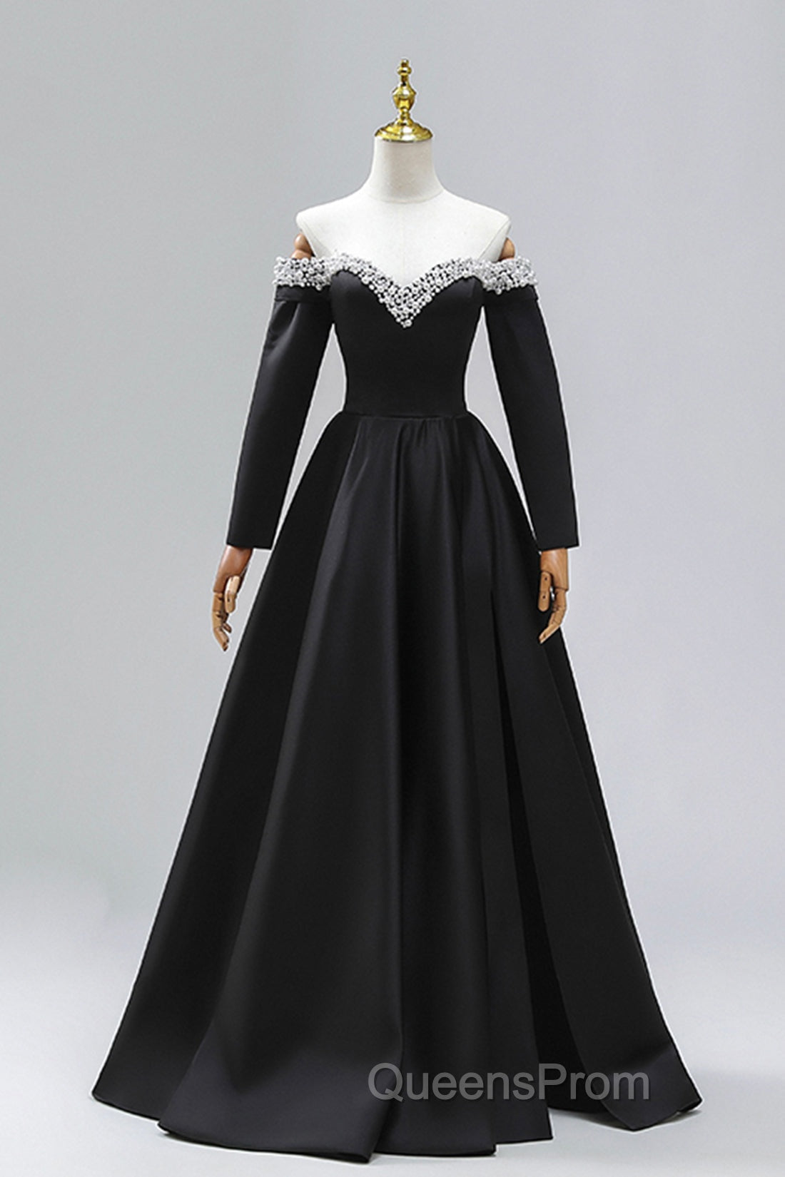 Black Off the Shoulder Pearls Long Sleeve Evening Prom Dress, A-Line Evening Party Dress with Slit