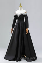Black Off the Shoulder Pearls Long Sleeve Evening Prom Dress, A-Line Evening Party Dress with Slit