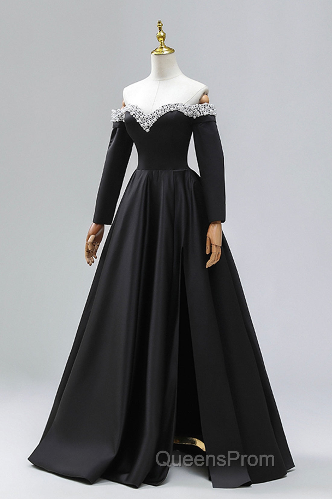 Black Off the Shoulder Pearls Long Sleeve Evening Prom Dress, A-Line Evening Party Dress with Slit