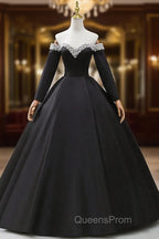 Black Off the Shoulder Pearls Long Sleeve Evening Prom Dress, A-Line Evening Party Dress with Slit