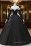 Black Off the Shoulder Pearls Long Sleeve Evening Prom Dress, A-Line Evening Party Dress with Slit