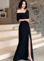 Black One Shoulder Slit Long Classy Evening Dress, Black Classy Dress Classy Prom Dress