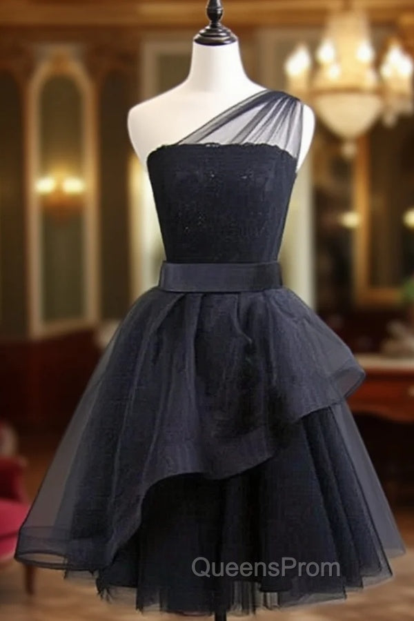 Black One Shoulder Tulle Short Evening Dress, Black Homecoming Dress Main image