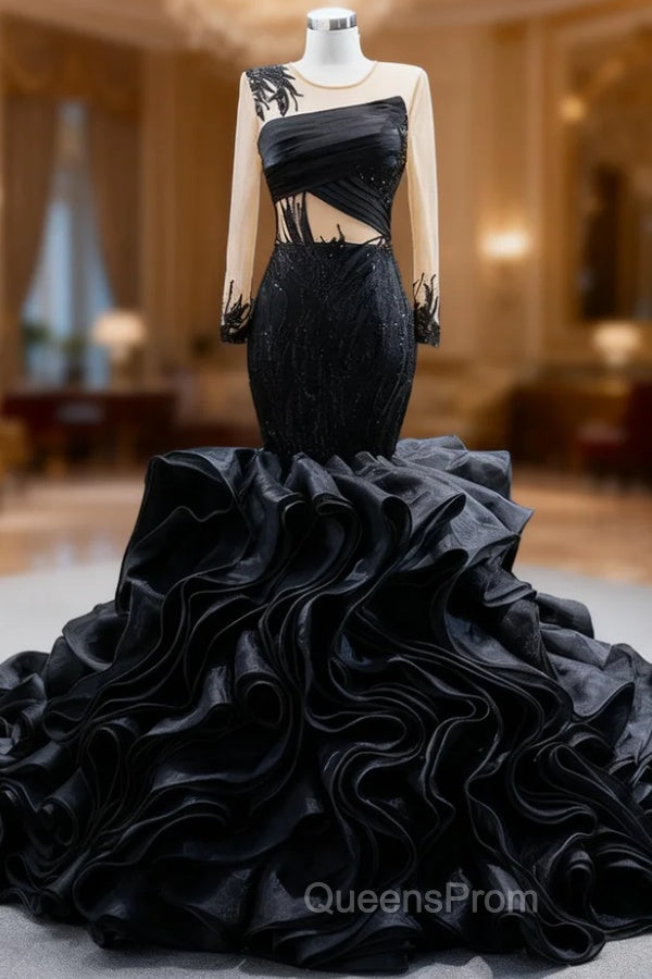 Black Organza Mermaid Long Sleeve Beading Evening Prom Dress