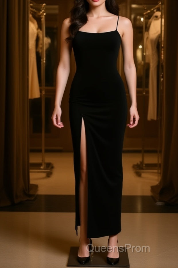 Black Party Dress, Gorgeous Spaghetti-Straps Mermaid Evening Prom Dress Long With Split Evening gowns Main image