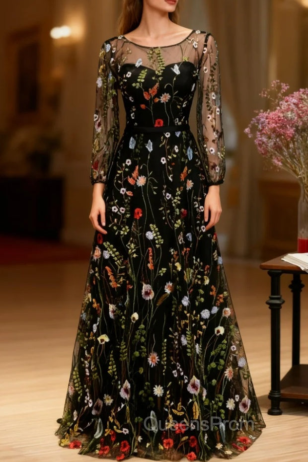 Black Print Long Sleeve Evening Prom Dress Main image