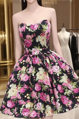 Black Print Strapless Homecoming Dress