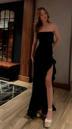 Black Classy Prom Dress, Strapless Classy Evening Dress, Split Party Dress