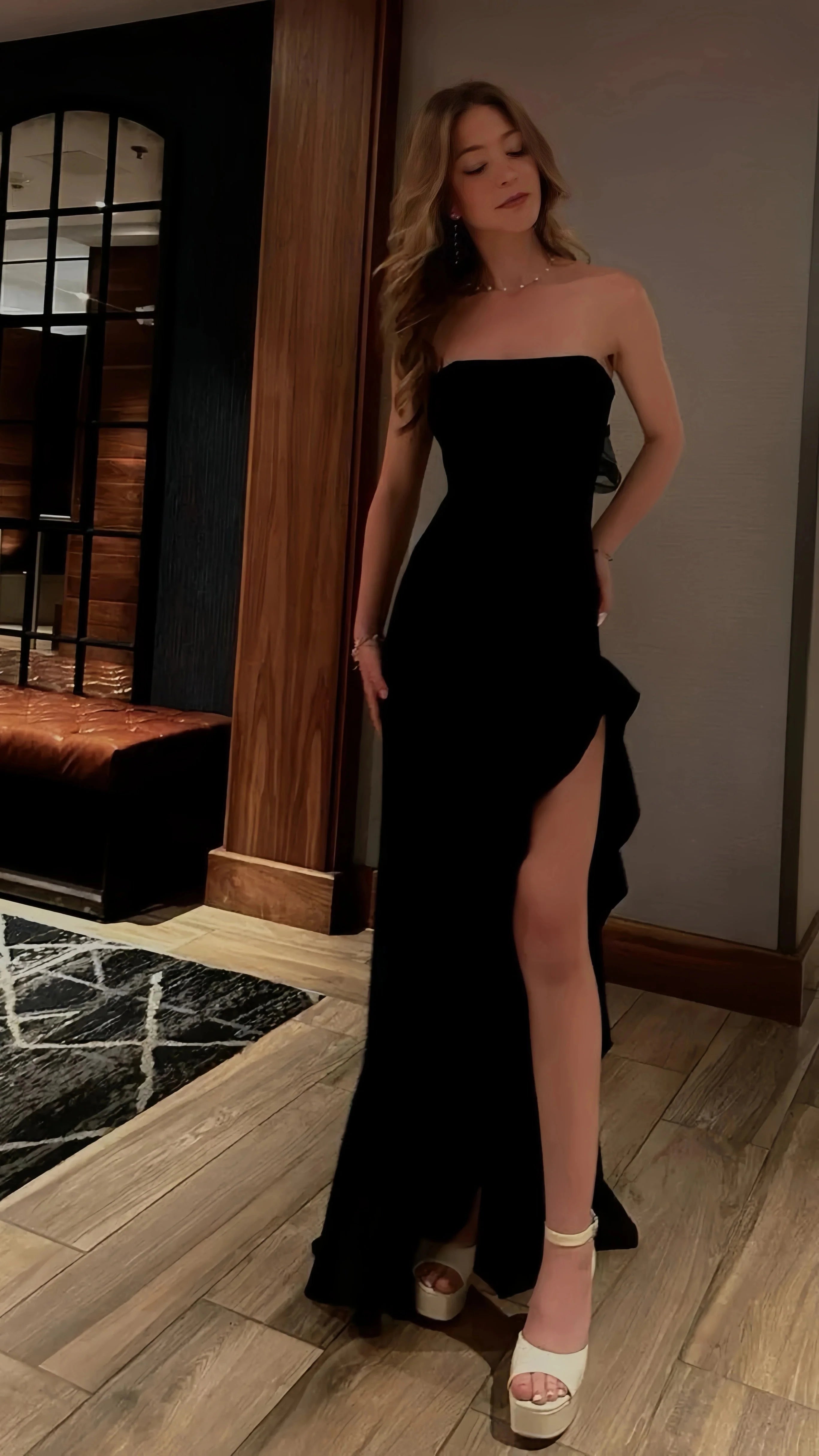 Black Classy Prom Dress, Strapless Classy Evening Dress, Split Party Dress