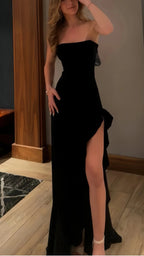 Black Classy Prom Dress, Strapless Classy Evening Dress, Split Party Dress