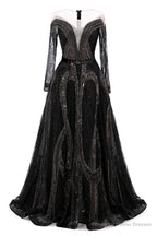 Black Prom Dresses A-line Heavily Beading Long Sleeves Women Evening Dresses