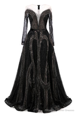 Black Prom Dresses A-line Heavily Beading Long Sleeves Women Evening Dresses