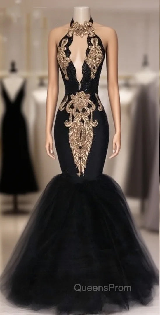 Black Evening Prom Dress Mermaid Halter Tulle Appliques Dubai Saudi Arabic Long Robe De Soiree Evening Prom Gown Evening Dress Main image