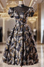 Black Puff Sleeve High Neck Backless Homecoming Dress
