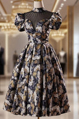 Black Puff Sleeve High Neck Backless Homecoming Dress