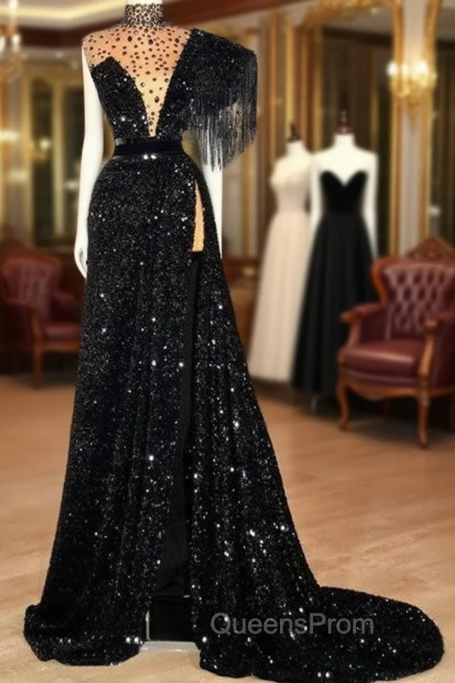 Black Robe De Soiree A-Line High Collar Sequins Sparkle Beaded Slit Sexy Long Evening Prom Dress Evening Prom Gown Evening Dress Main image
