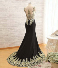 Black Round Neck Lace Applique Long Evening Prom Dress, Black Evening Dress