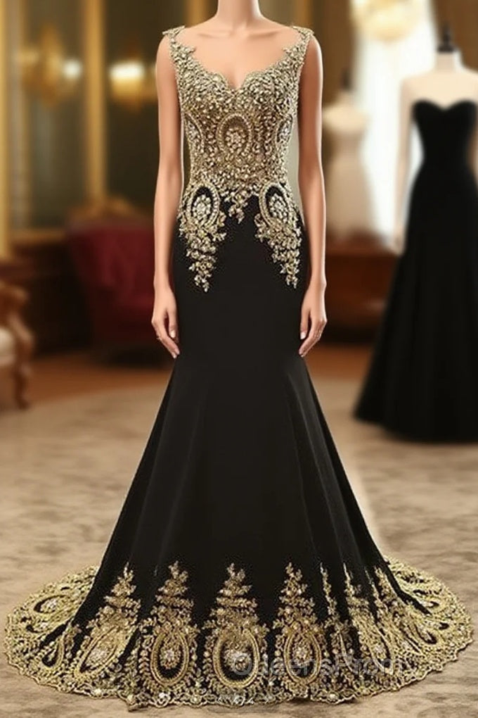 Black Round Neck Lace Applique Long Evening Prom Dress, Black Evening Dress Main image