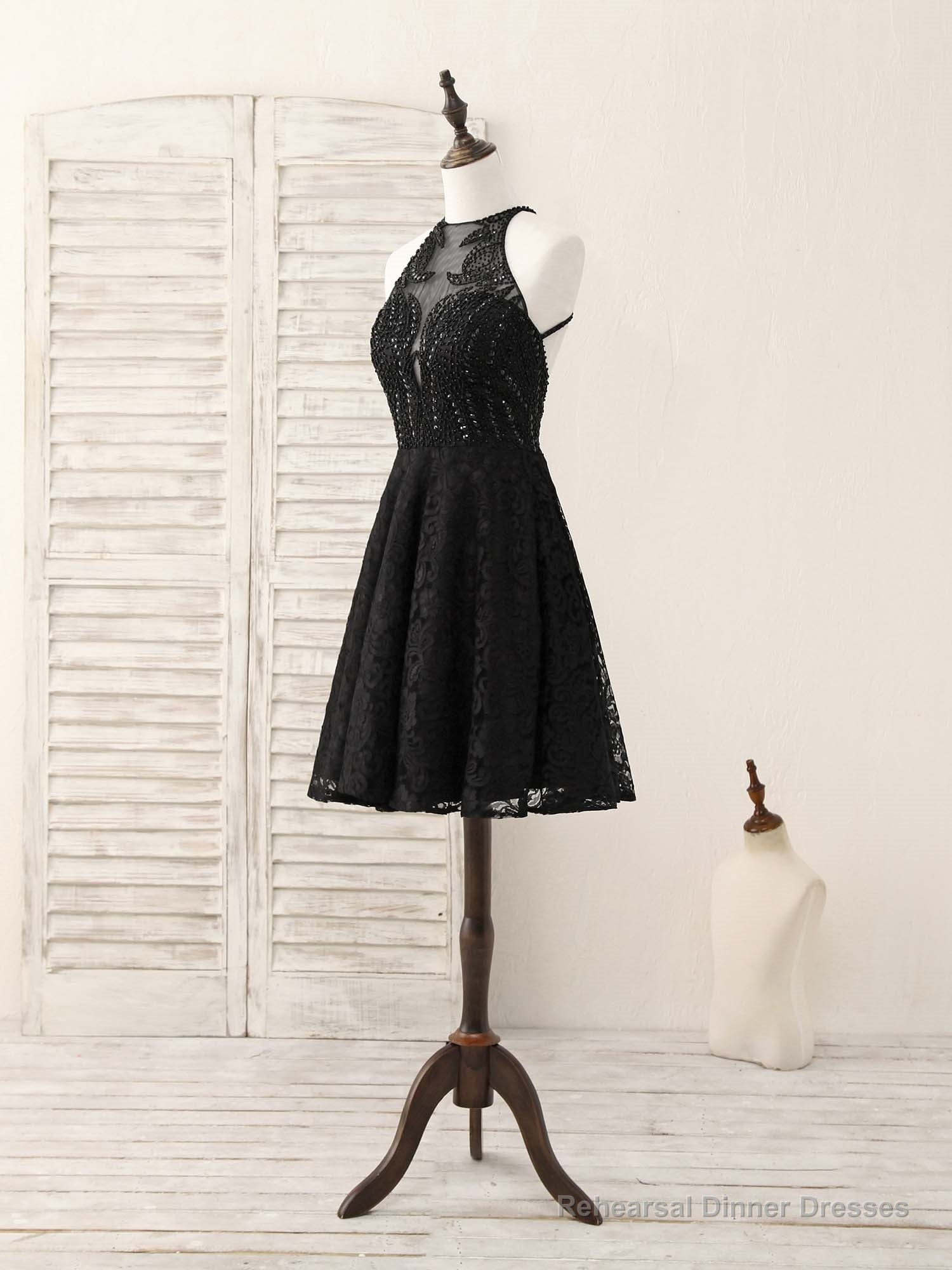 Black Round Neck Lace Beads Short Prom Dress, Black Homecoming Dress Secondary image