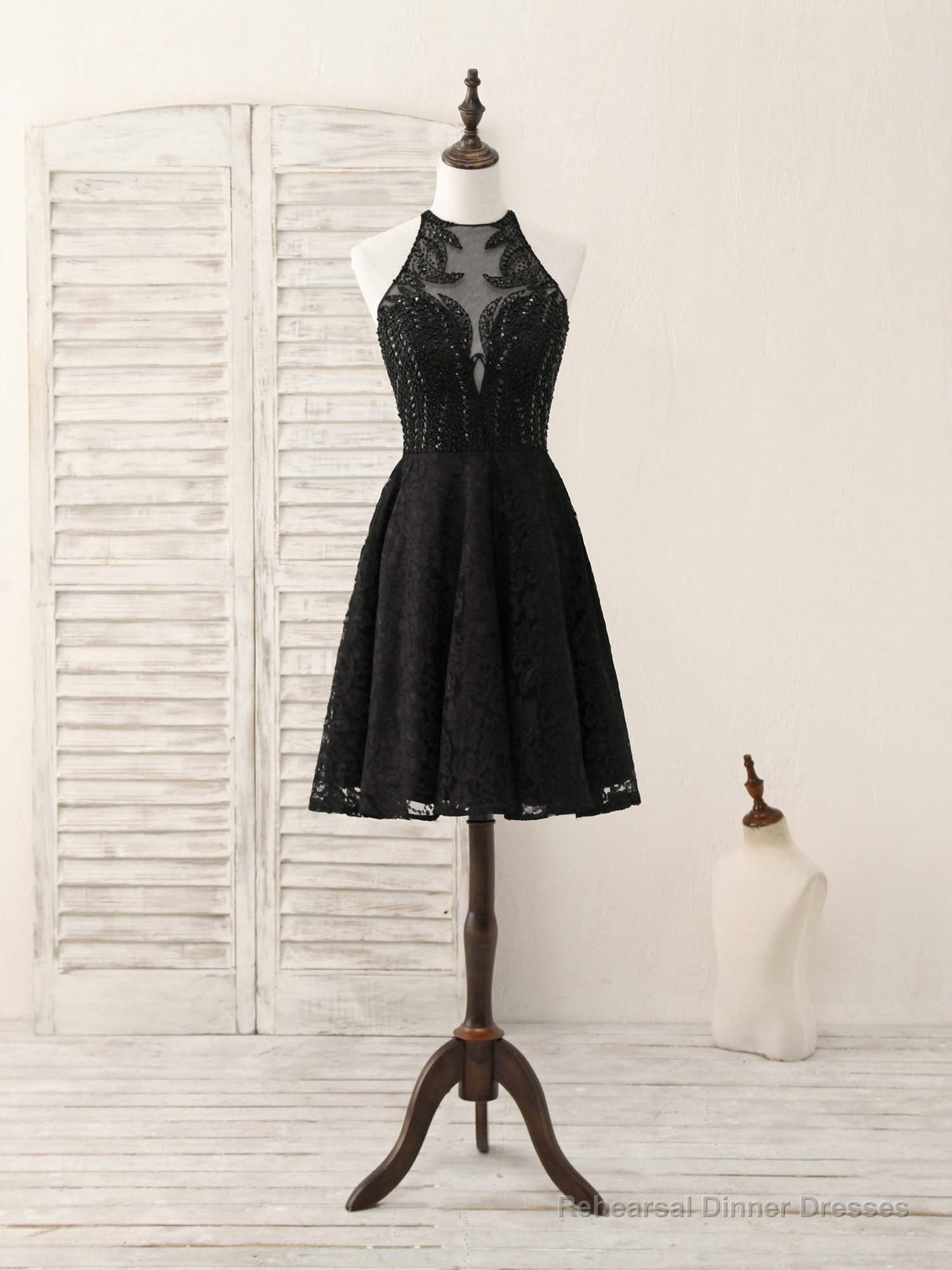 Black Round Neck Lace Beads Short Prom Dress, Black Homecoming Dress Main image