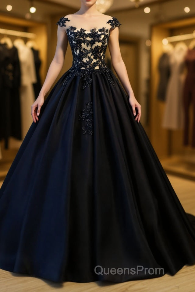 Black round neck satin long Evening Prom gown, black evening Dress Main image
