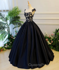 Black round neck satin long Evening Prom gown, black evening Dress