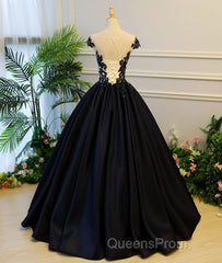Black round neck satin long Evening Prom gown, black evening Dress