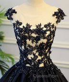 Black round neck satin long Evening Prom gown, black evening Dress