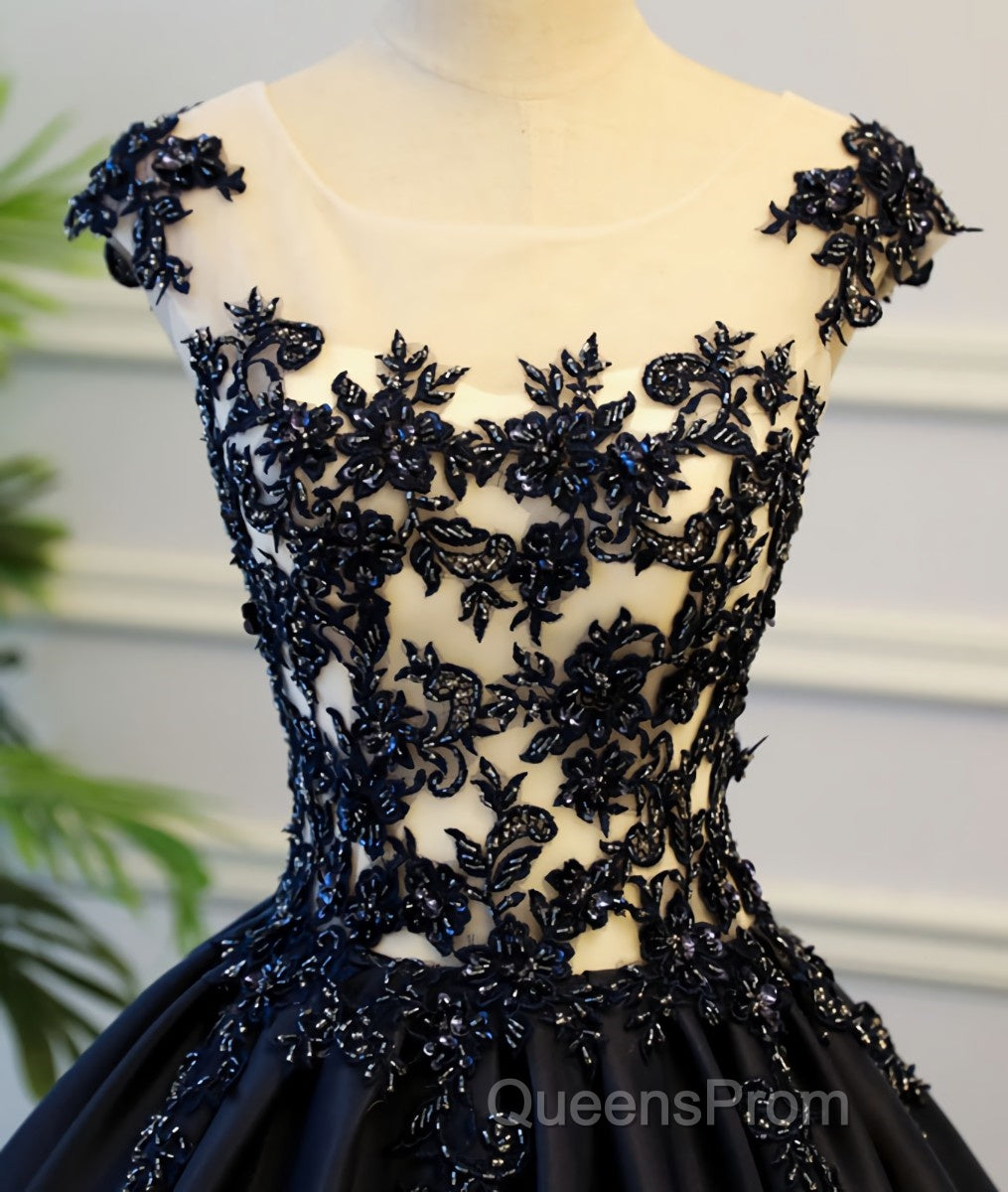 Black round neck satin long Evening Prom gown, black evening Dress