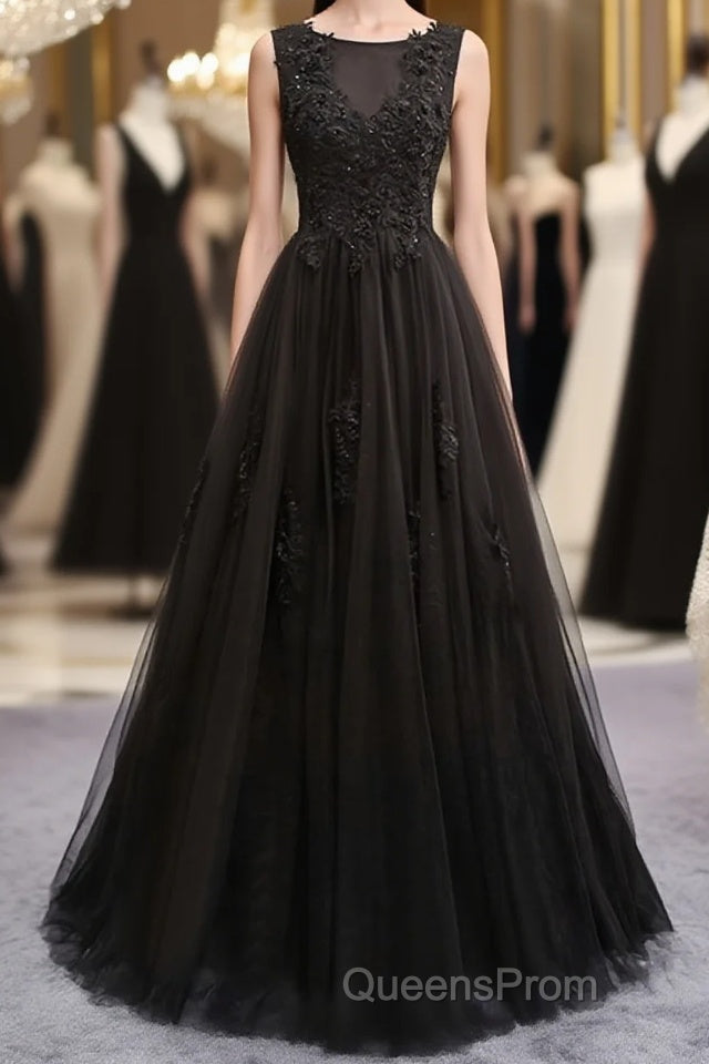 Black round neck tulle lace long Evening Prom Dress, black evening Dress Main image