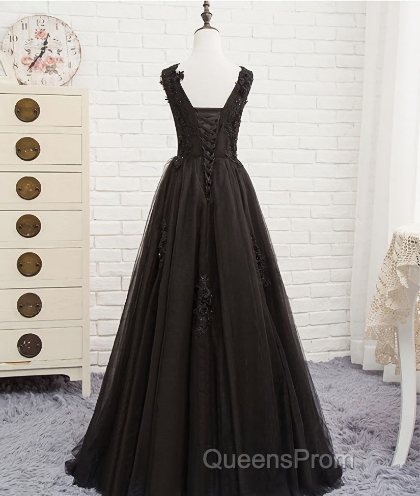Black round neck tulle lace long Evening Prom Dress, black evening Dress Secondary image