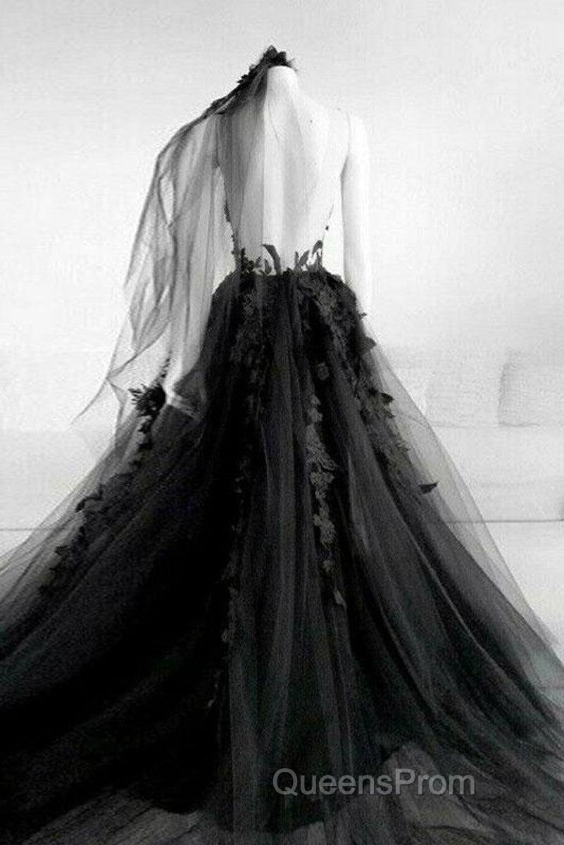 Black Round Neck Tulle Lace Long Evening Prom Dress Black Tulle Formal Dress Secondary image