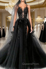 Black Round Neck Tulle Lace Long Evening Prom Dress Black Tulle Formal Dress