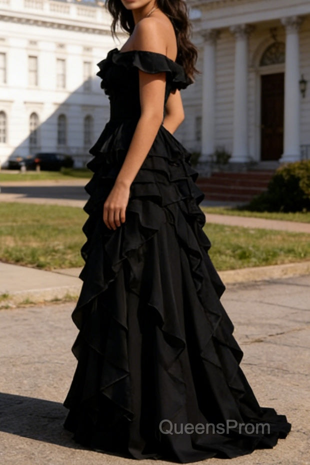 Black Ruffled A-Line Square Neck Long Prom Dress Secondary image