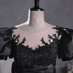 Black Satin A-line Floor Length Long Party Dress with Lace, Black Long Evening Dress