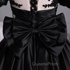 Black Satin A-line Floor Length Long Party Dress with Lace, Black Long Evening Dress